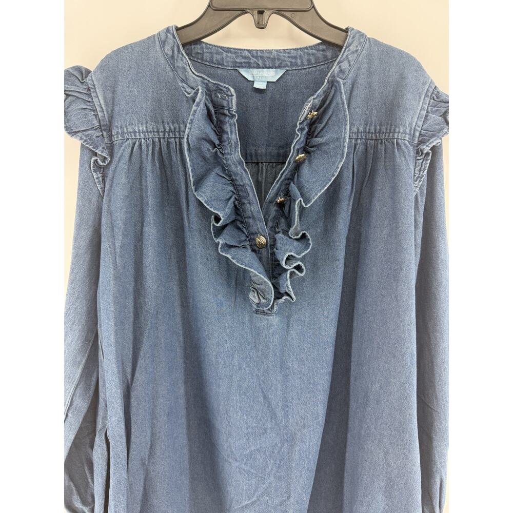 Draper James Chambray Mini Dress Womens Medium Blue Denim Ruffle Cottagecore - Picture 3 of 9